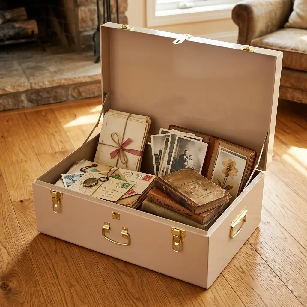 Elegant Beige Rectangle Metal Storage Trunk - Lockable Storage Box, Stylish Durable Lightweight Home Organizer for Home Supplies