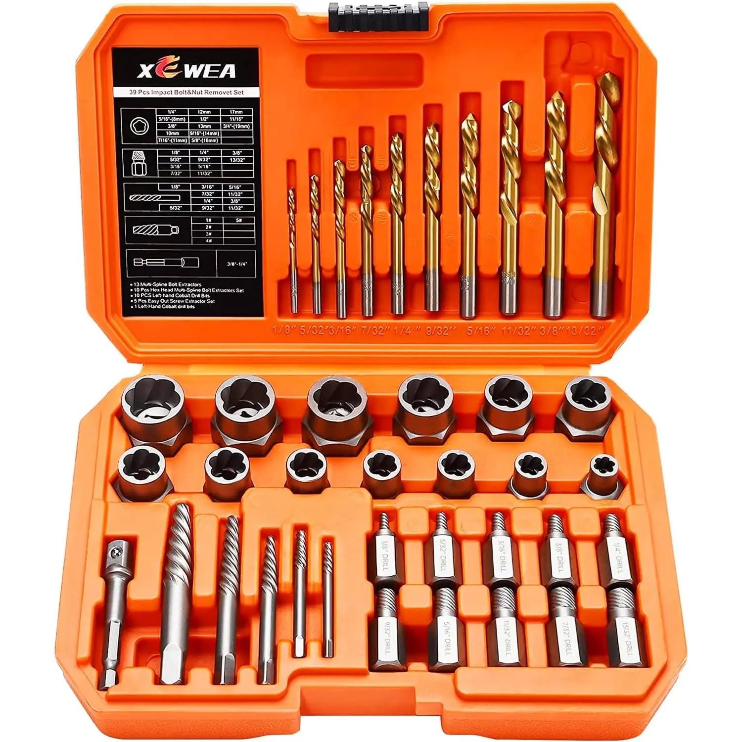 39PCS Screw & Bolt Extractor Set with Left-Hand Spline Bit Set, Easy-Out Remover Tools for Damaged, Stripped, Rounded-Off Screws, Nuts, Studs