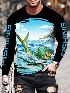 Men's Fishing Long Sleeve Shirt, Vibrant Ocean Scene Graphic, Crew Neck, Polyester, Breathable Comfort, Ideal for Outdoor Casual Wear, Outdoor Apparel, Premium Outdoor Apparel