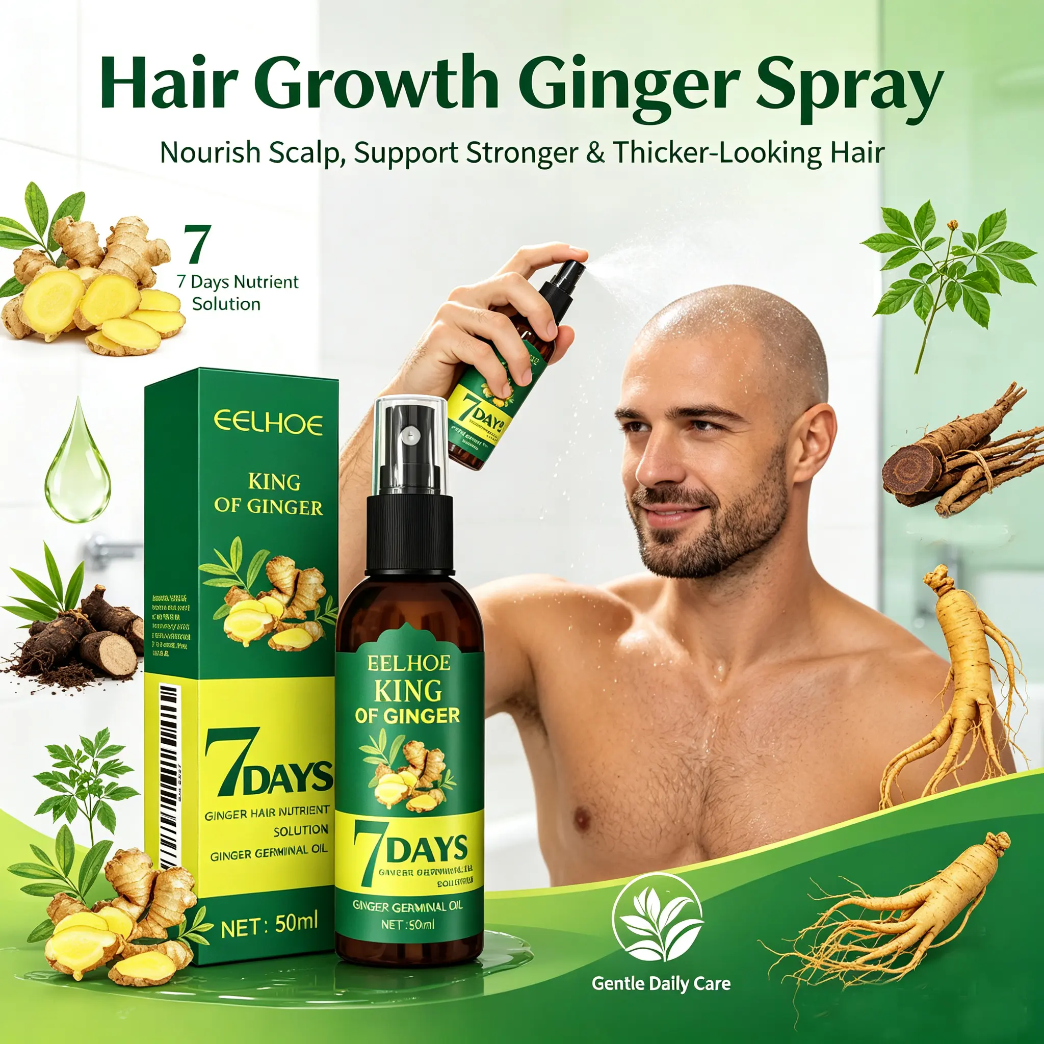 Ginger Hair Spray, Nourishing Scalp & Hair Care Mist, Moisturizing Daily Treatment for Smooth, Shiny & Healthy-Looking Hair