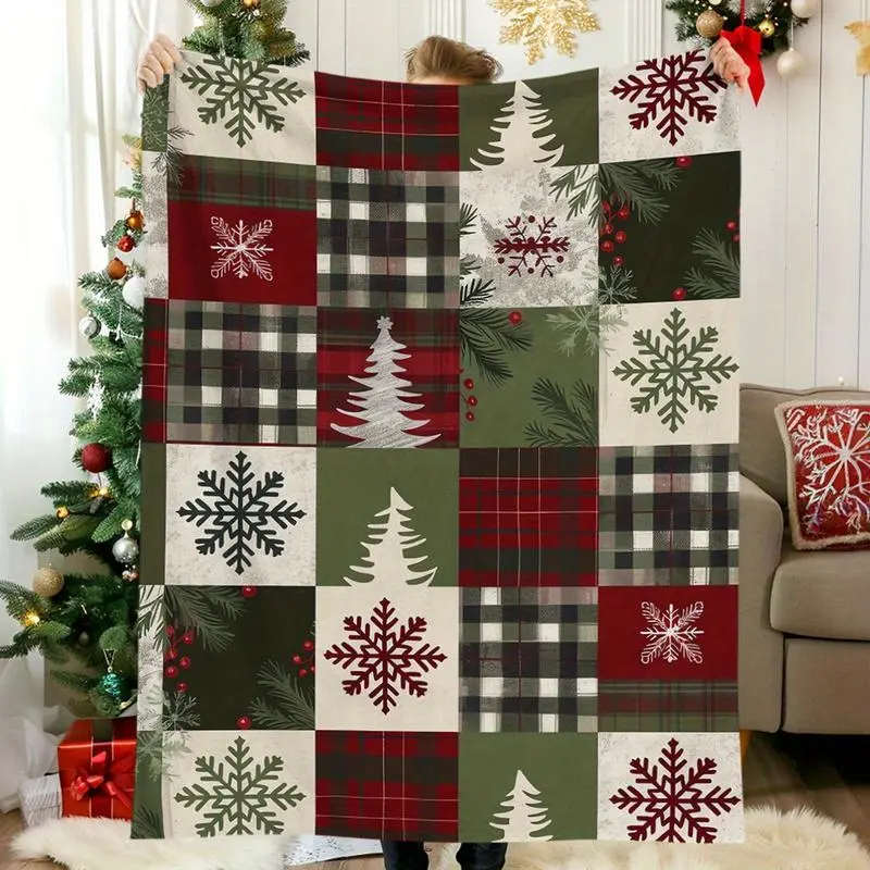 Vintage Red Checkered Plaid Snowflake Print Christmas Flannel Blanket - Soft Warm Fabric, 30-39 in, Cozy for Home & Travel, Ideal Holiday Gift for Charm Enthusiasts, 30 To 39 In
