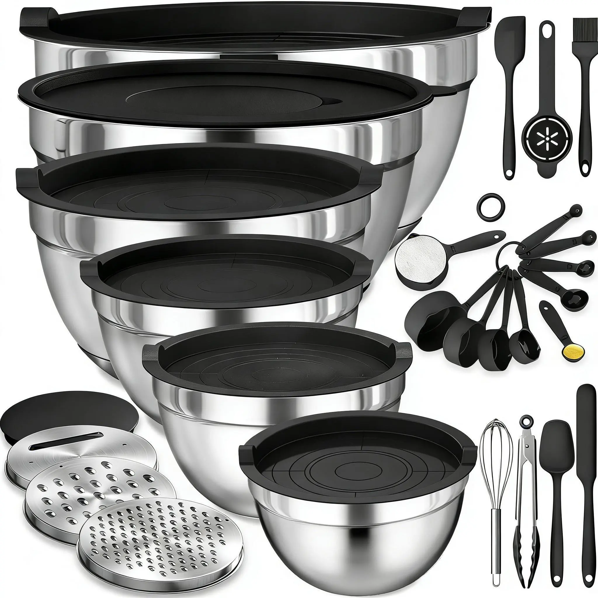 23-Pc Mix & Grate Stainless Steel Mixing Bowls Set for Adults - BPA-Free Lids, Graters, Whisk, Spoons, Nesting Stackable Varied Sizes Kitchen Supplies for Mixing, Grating, 23 Pcs
