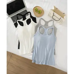 Women's Ribbed Built-in Bra Tank Top | Racerback Cropped Camisole with Removable Pads | Wireless Supportive Workout Yoga Top | Stretchy Athletic Basics Bodyshaper Sleeveless Tee | Comfortable Summer Essential Bra Cami for Everyday Wear Multi-Color