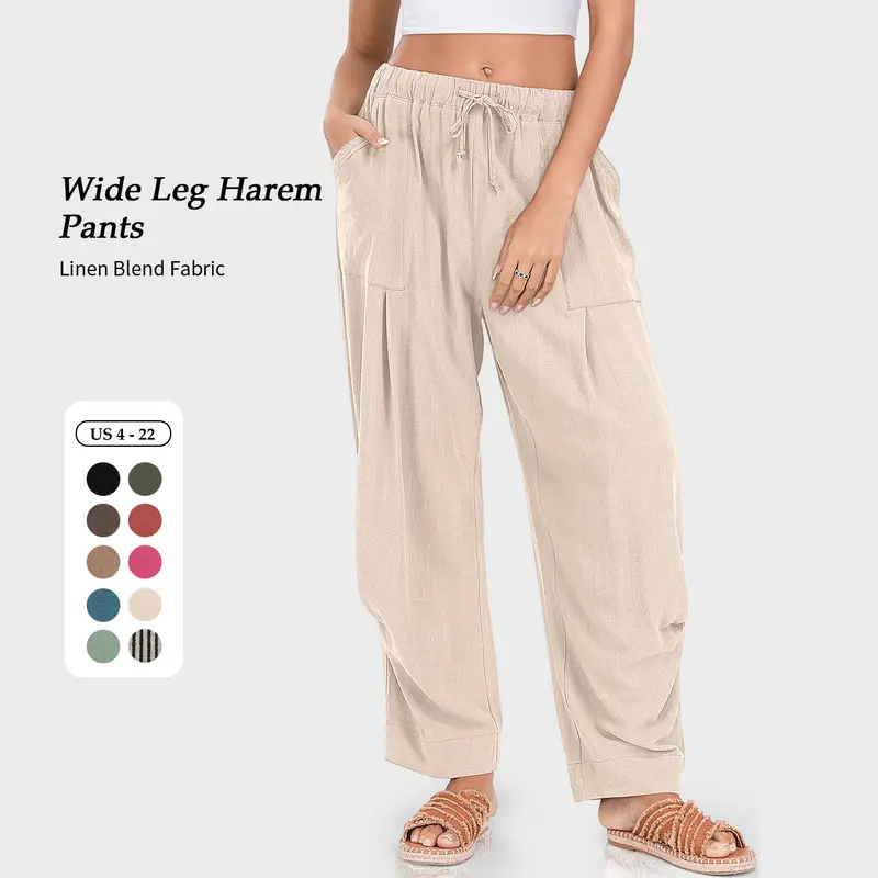 TARSE Womens Linen Blend Wide Leg Harem Pants Drawstring Casual Minimalist Travel Trousers with Pockets Boho Baggy Barrel Beach Vacation Pants