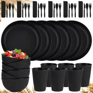42-Piece Wheat Straw Dinnerware Sets,Unbreakable Plates and Bowls Set,Dinner Plate/Dessert Plate/Cereal Bowl/Cup for Kitchen,Apartment Essentials, Outdoor Camping,BlackXXMax Tool14