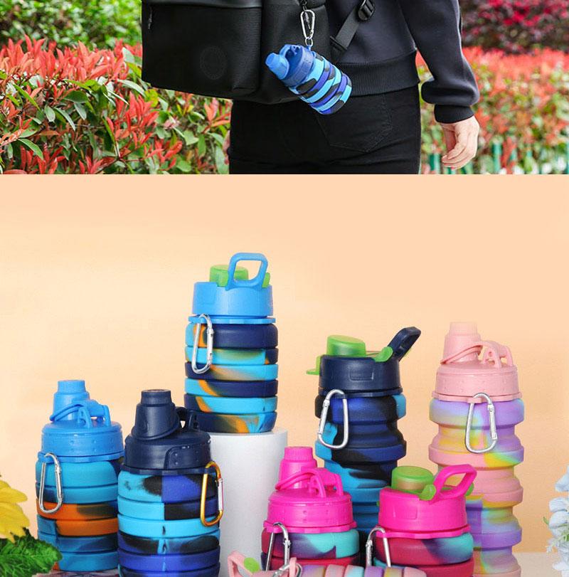 Outdoor Sports Silicone Foldable Water Bottle for Camouflage Creative Travel Reusable Leakproof Water Bottle with Carabiner