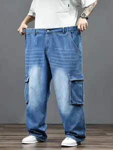 Men's Plus Size 4XL-9XL Semi Elastic Waist Loose Fit Multi Pocket Retro Work Pants Light Blue Denim Streetwear Menswear Trouser