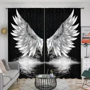 Angel Wing Pattern Curtain, 2 Counts/set Modern Art Printed Curtain, Home Decorative Curtain for Living Room Bedroom Kitchen Bathroom Study Room, Window Curtain