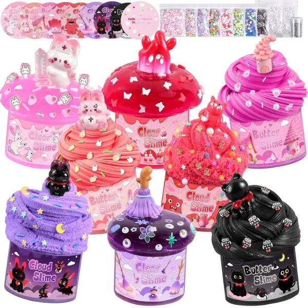 Halloween fall Gift 8 Pack Red & Black Slime Kit for Kids – Cloud, Butter & Clear Slime with Bunny & Cat Charms, Party Favors, Goodie Bag Stuffers, Birthday, Christmas & Easter Gifts