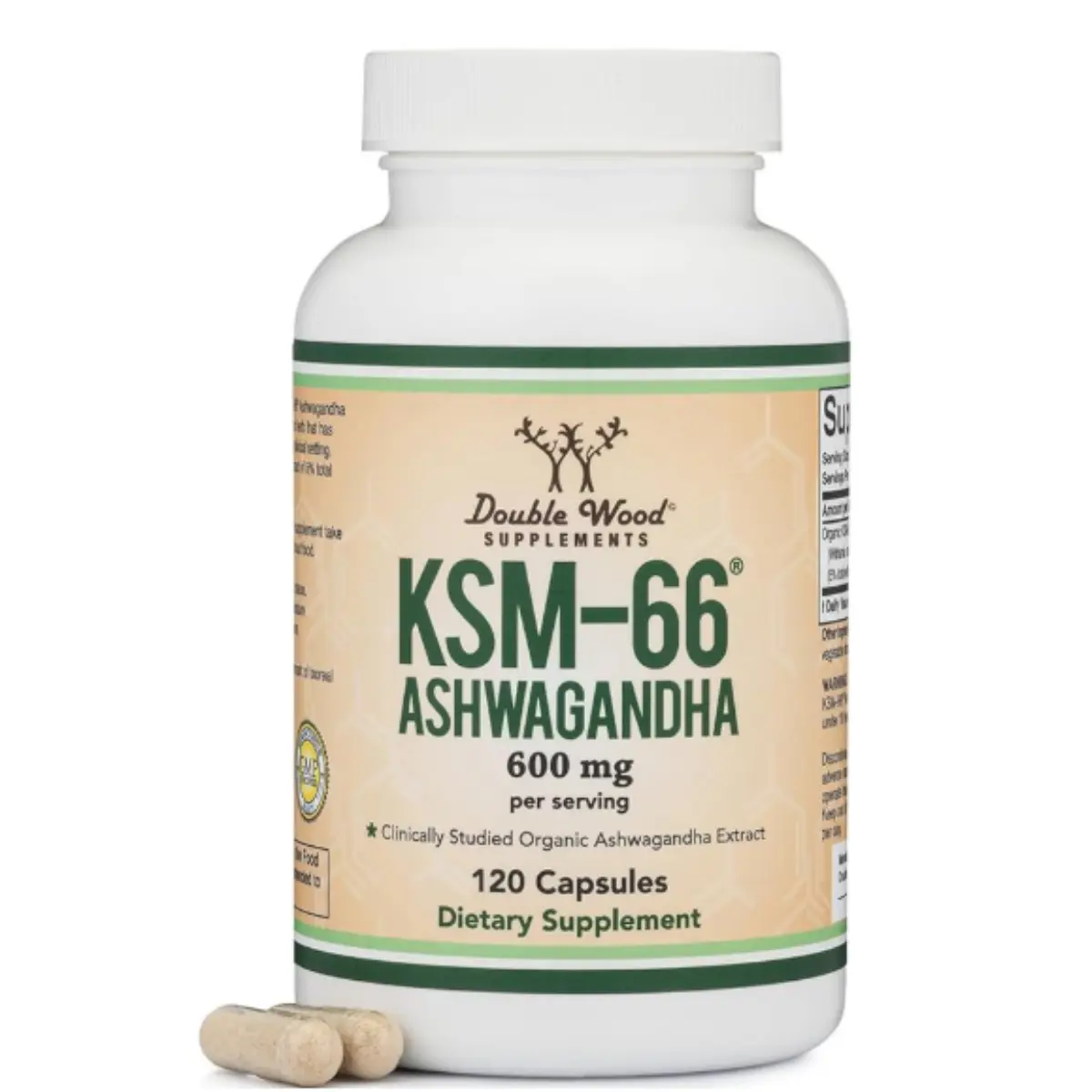 Double Wood Supplements Ashwagandha KSM 66 Organic and Clinically Studied Extract (600mg Per Serving, 120 Capsules, 60 Servings) Adaptogen Cortisol Manager for Women and Men