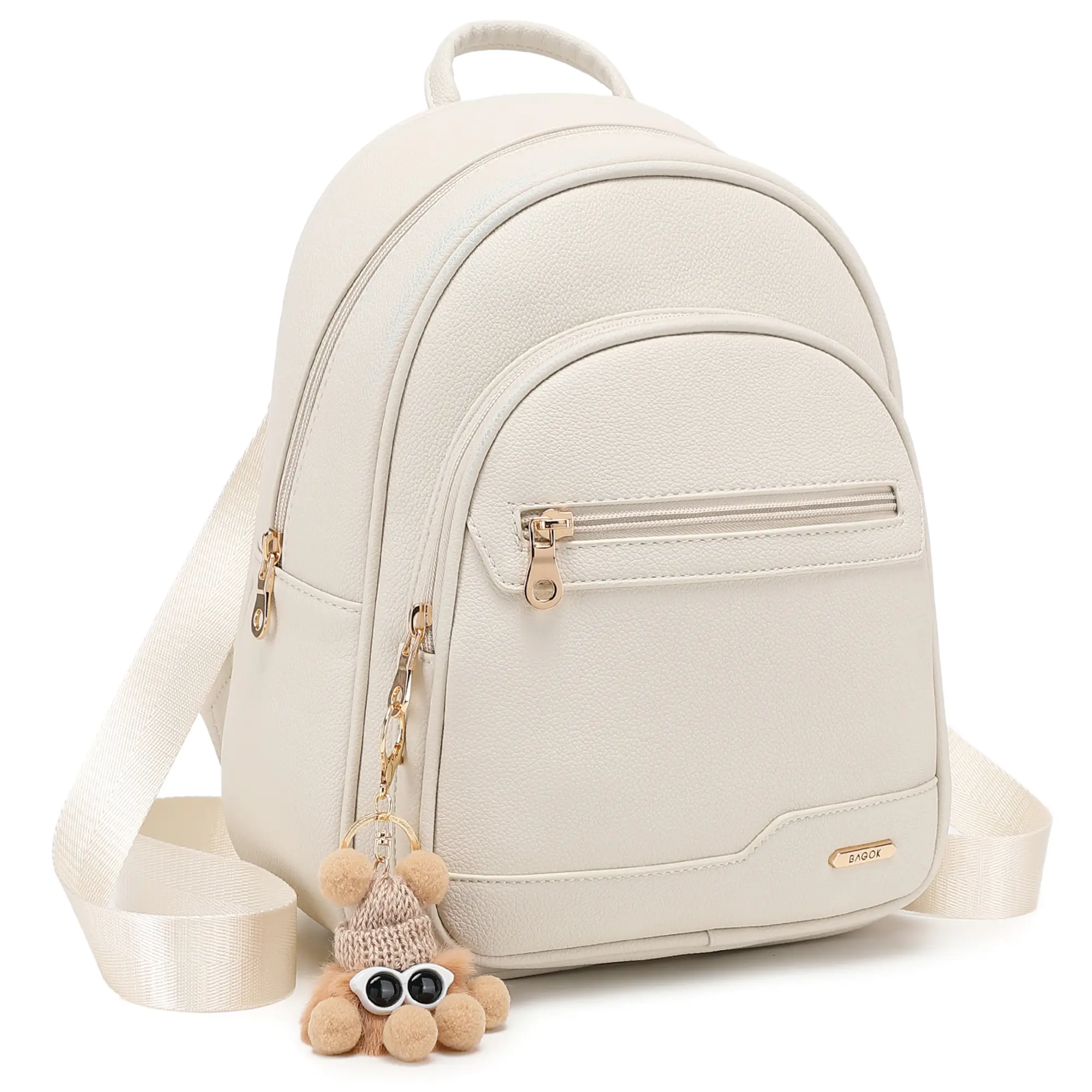 BAGOK PU Leather Mini Waterproof Backpack Purse with Cute Doll Charm, Stylish Small Backpack for Women, Large Capacity Triple Zipper Design, Fashion Bag for School, Work, Travel, Perfect Gift for Mom & Girlfriend  Diaper Backpack Daypack