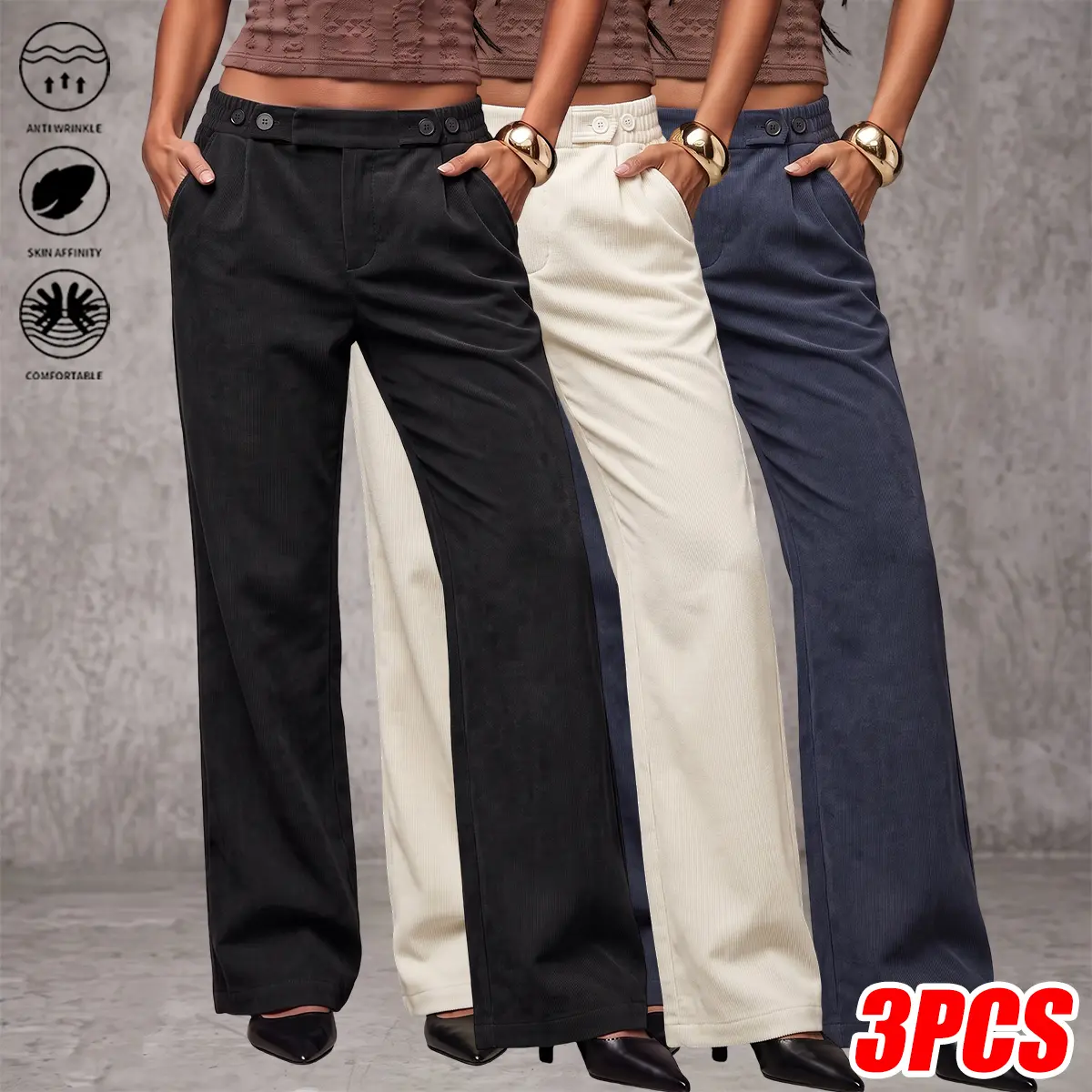 Lady's Basic Minimalist Women's 3-Pack High-Waisted Straight-Leg Pants - 100% Polyester, Wrinkle-Resistant, Breathable, All-Day Comfort, Polished Professional Look, Women's Work Clothes, Suitable for Work, Travel