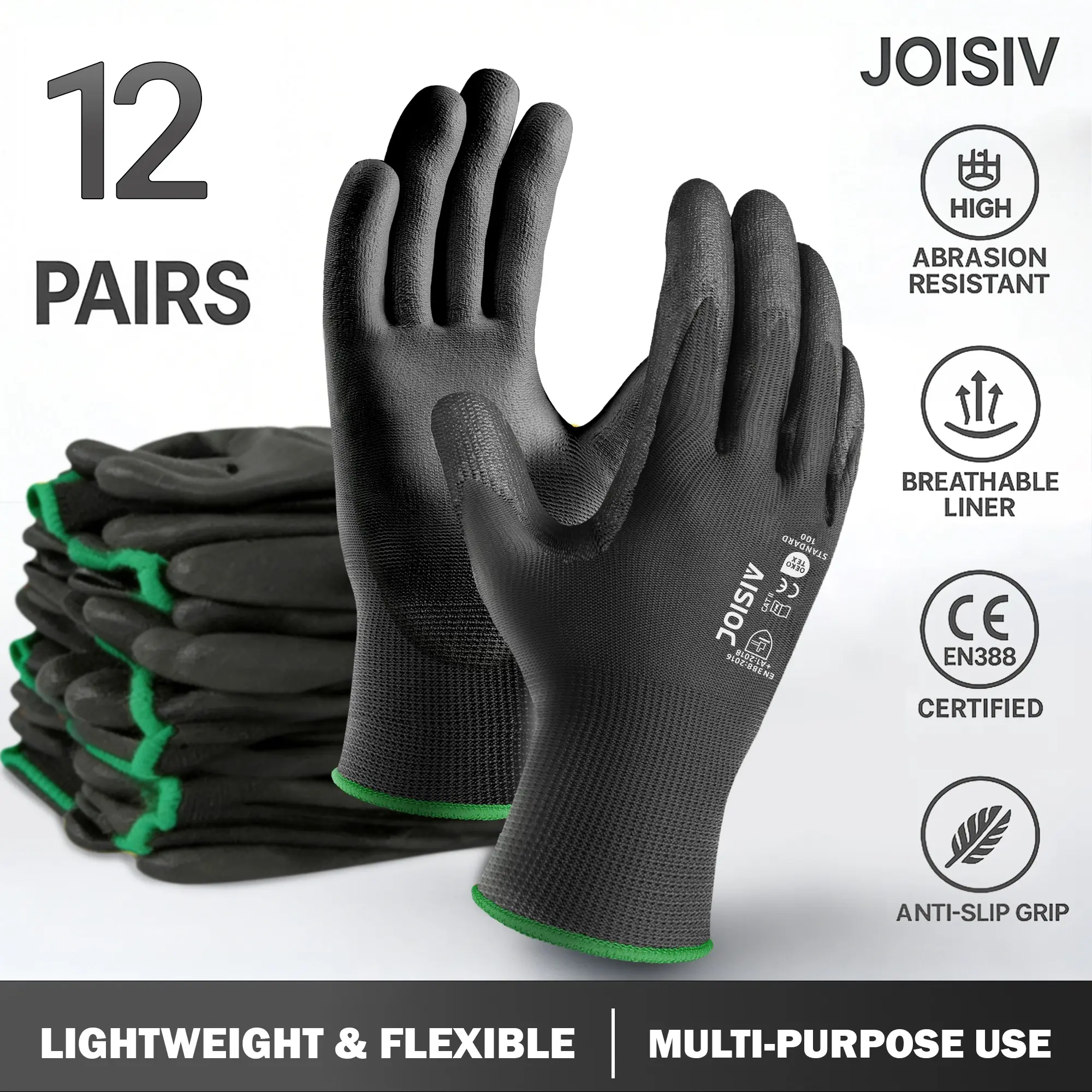 12 Pairs Men's PU Coated Seamless Gloves, Durable Anti-Slip Outdoor Multipurpose Work Gloves With Grip, Ideal for Construction & Warehouse Use, Pack of 12 Pairs