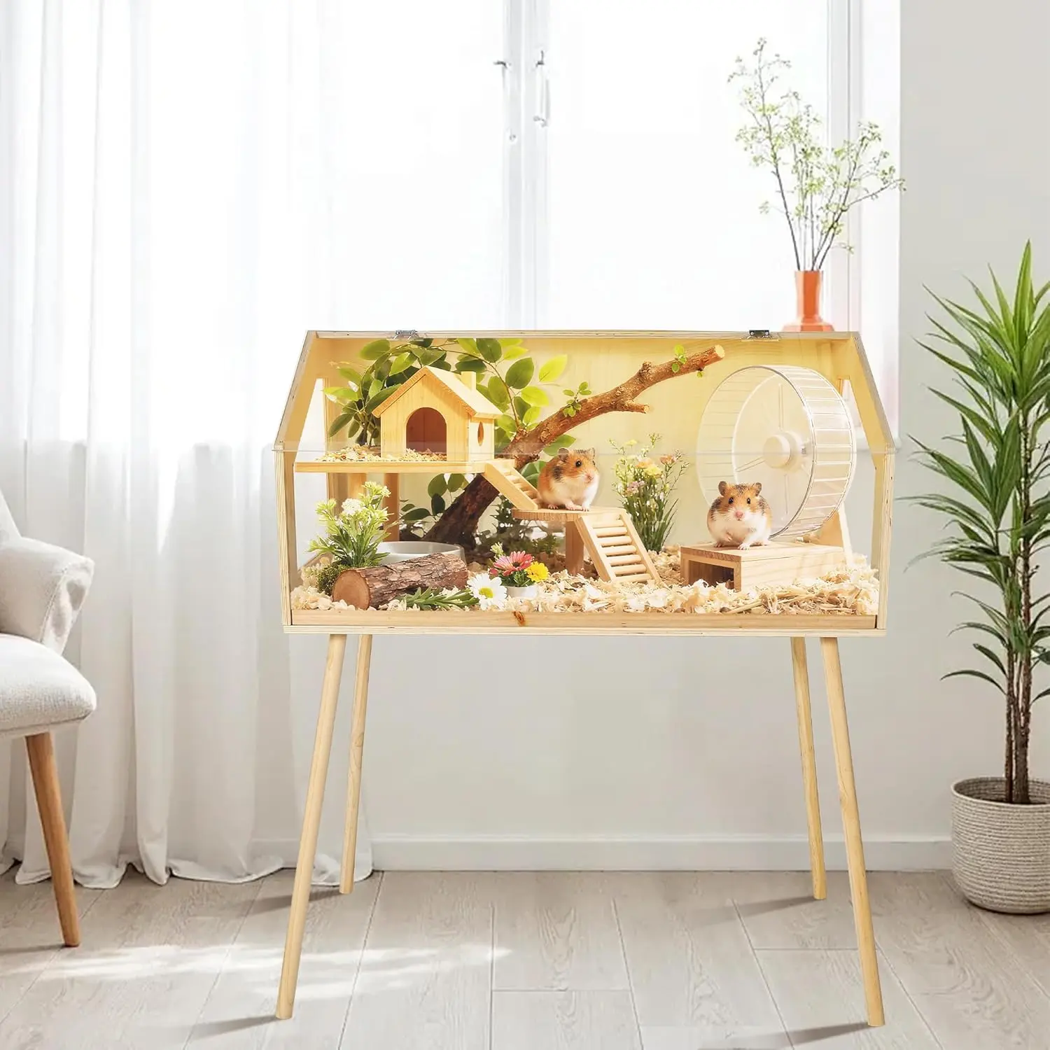 Hamster Cage with Legs, Large Hamster Habitats Enclosure with Acrylic Window & Openable Top,Small Animal Cage Chew Proof for Guinea Pig, Chinchilla, Gerbil 32" L x 16" W x 40" H / L x 20" W x 47.5" H