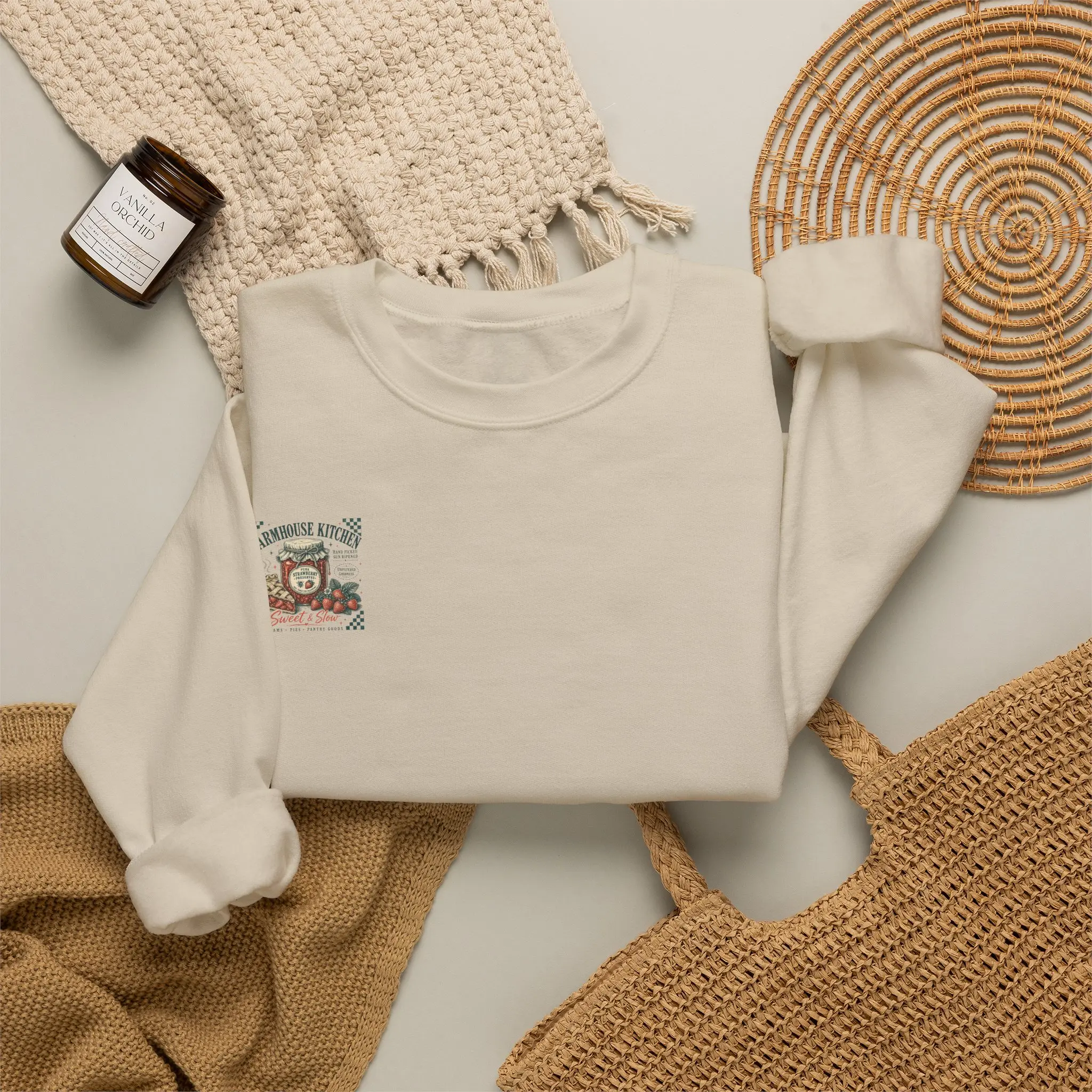 Farmhoues Kitchen Strawberry Jam Crewneck Sweatshirt - Casual, All Season, Vintage Print, Checkered Accents, Cold Wash, Long Sleeve Round Neck Regular Fit Cotton Blend Rustic Cottagecore Top
