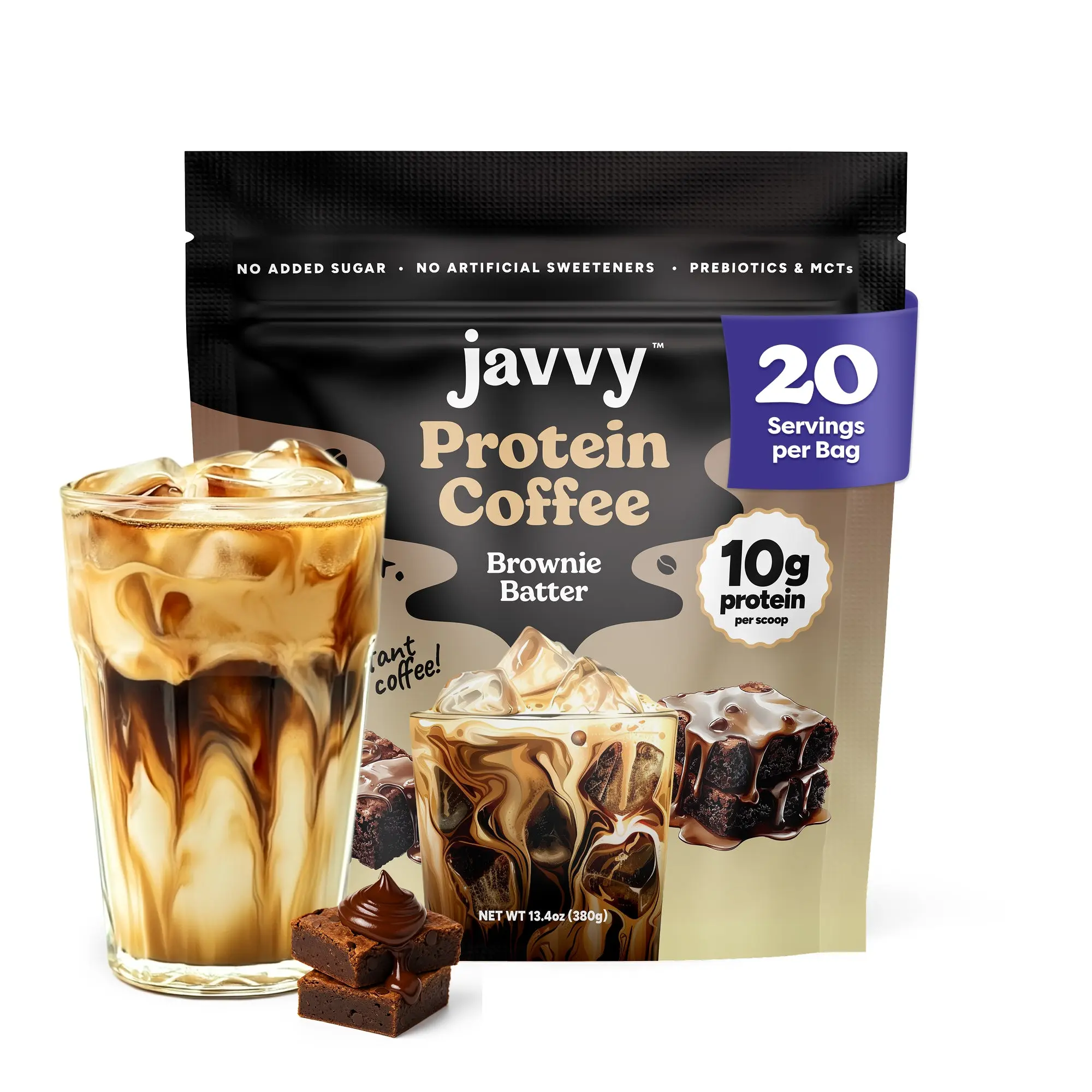 Javvy Brownie Batter Protein Iced Coffee Beverage - Premium Whey Protein Instant Iced Coffee, 100% Natural Cold Brew, 0 Artificial Flavors & Sweeteners, 80 mg Caffeine, No Added Sugar, 20 Servings