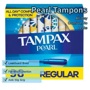 Tampax Pearl Regular Tampons LeakGuard Protection All Day Comfortable 96 Counts Absorbent FormFit Anti-Slip Grip