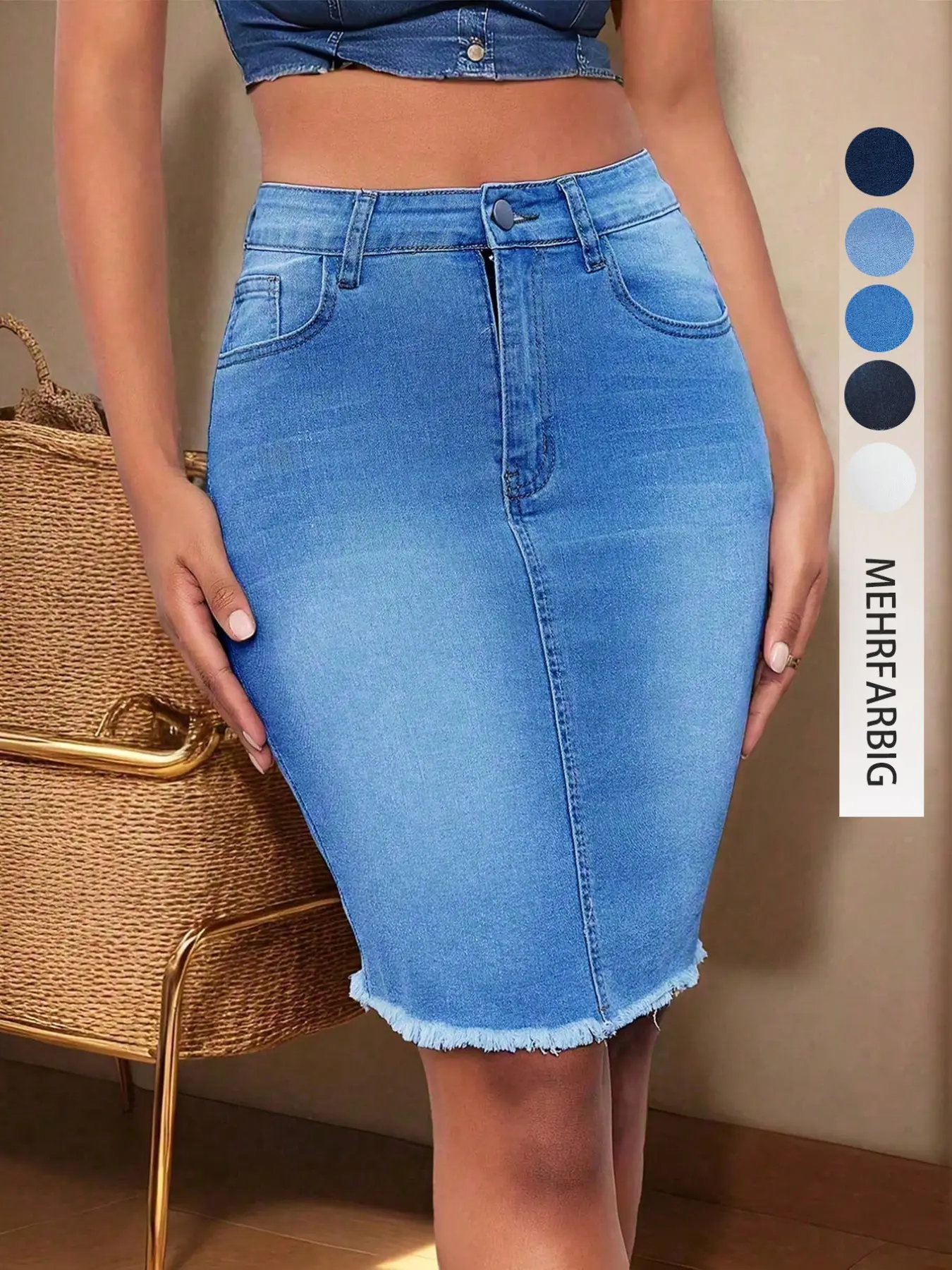 Women's Denim Medium Wash Bodycon Skirt, Elastic Slim Fit, Button, Faux Fur Trim, Knee Length A-Line Dress, Spring & Fall Chic Elegant Fashion, Casual Bottoms, Casual Fitted Skirt, Casual Skirts