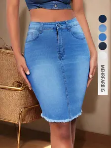 Women's Denim Bodycon Skirt, Elastic Slim Fit, Button, Faux Fur Trim, Knee Length A-Line Dress, Spring & Fall Fashion