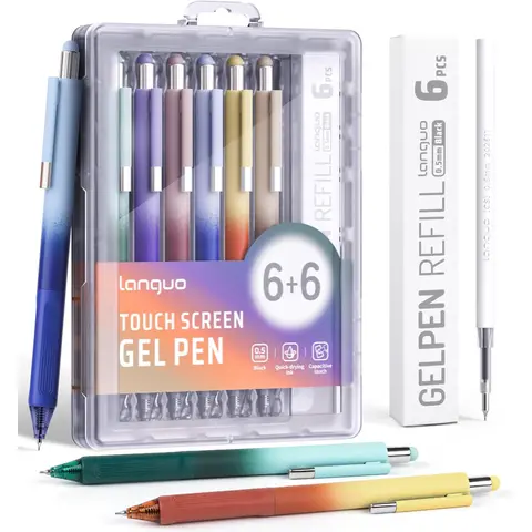 Gel Pens, 0.5mm Quick Dry Black Ink Pens Fine Point Smooth Writing Pens, 2-in-1 Stylus Retractable Gel Pen with Stylus tip, Cute Office School Supplies Gifts for Women Men (6 gel pens + 6 refills)