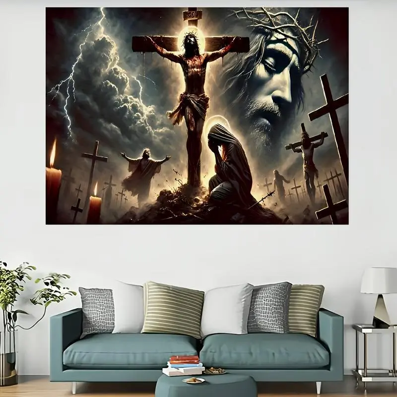 Jesus Crucifix Polyester Tapestry - Vibrant Religious Wall Decor, Abrasion Resistant, Machine Washable, Multi-Size (30*40 inches Available), Suitable for Bedroom & Living Room Indoor Wall Art, Durable
