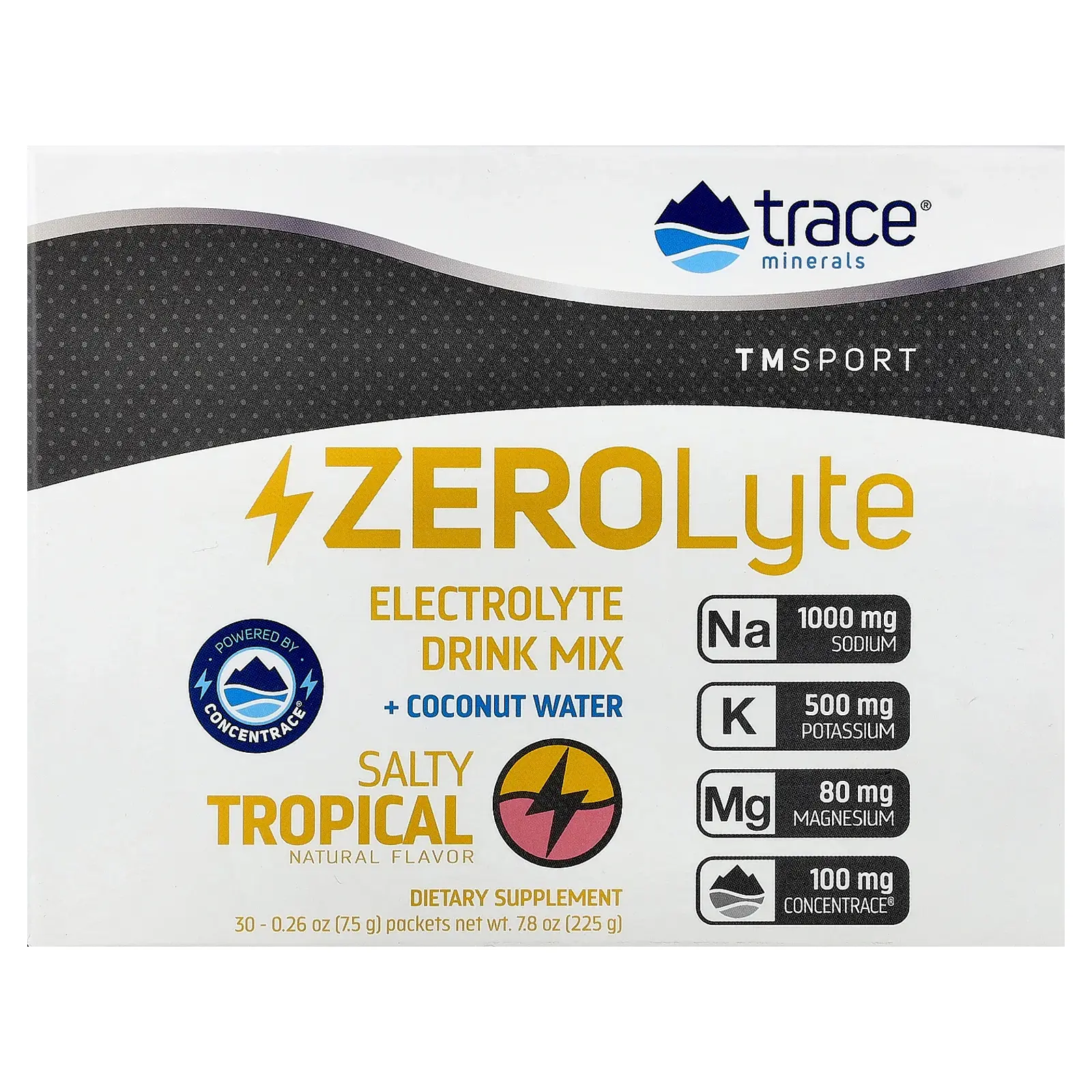 Trace TM Sport, ZEROLyte, Electrolyte Drink Mix + Coconut Water,  Salty Tropical, 30 Packets,  0.26 oz (7.5 g) Each