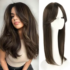 Clip in Synthetic Hair Topper with Bangs for Women 18inch Long Layered 6x6 Big Base Toppers Hairpieces for Thinning Hair