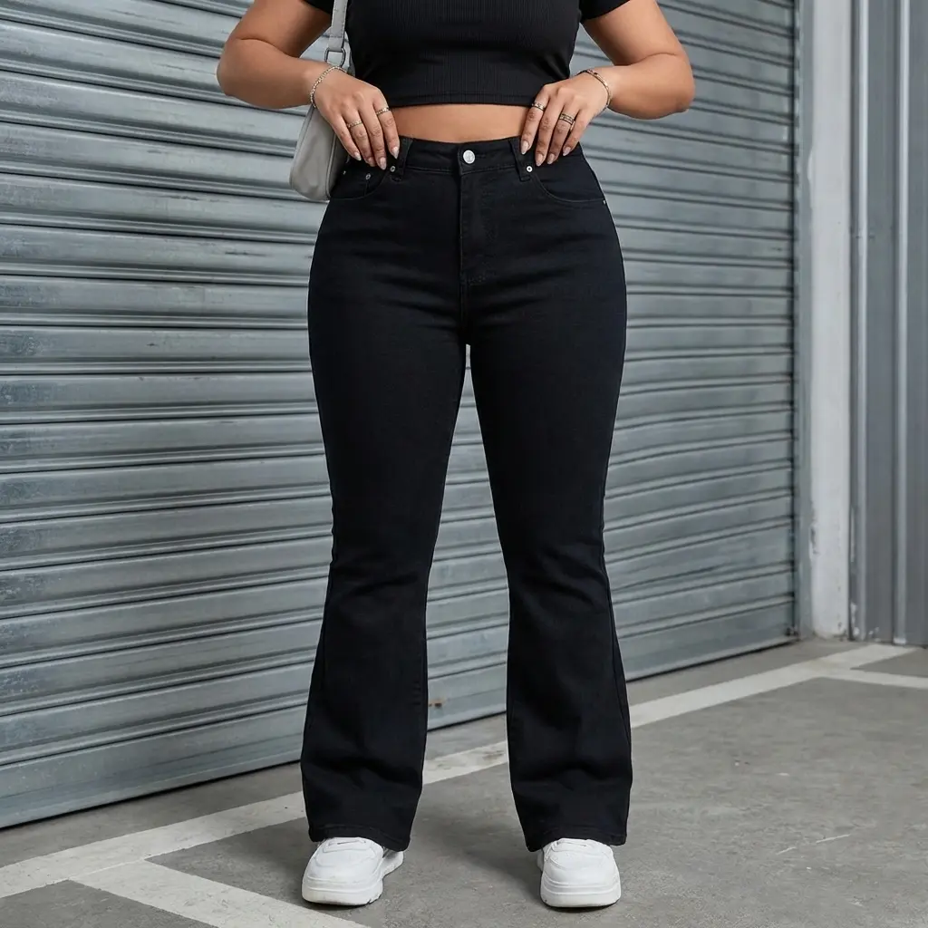 Women's Plus Size Vintage High-Waisted Flare Jeans, Cropped High-Stretch Cotton Viscose Denim with Pockets, Pocket, Trouser, Bottom, Lady, Pants, Minimalist, Casual Wear, Fit, Elastane, Leg, Flared Legs