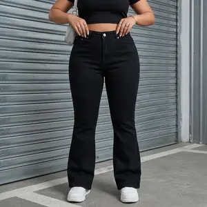 Large size Women's flared leg jeans, boot shaped elastic high waisted denim pants