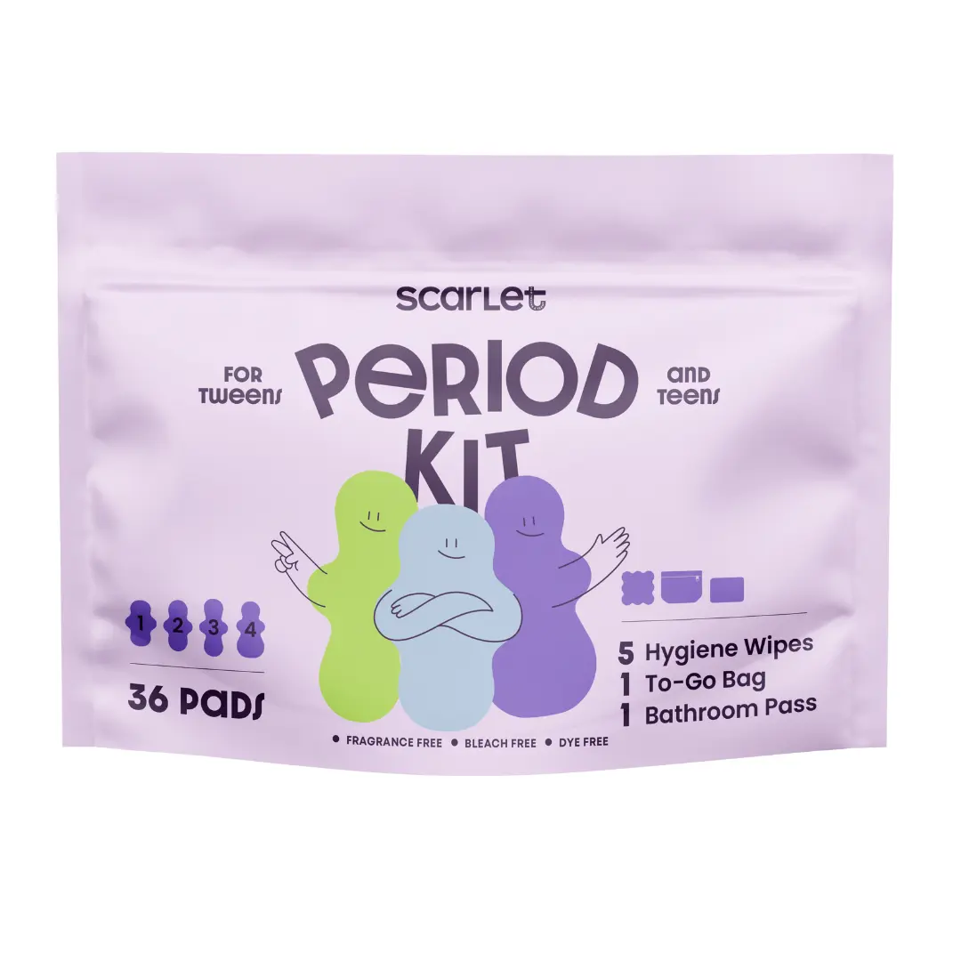 Scarlet by RedDrop Period Kit for Tweens and Teens - 36 Pads, 5 Hygiene Wipes, Reusable Pouch, Puberty Guide, 8-Part Video Series