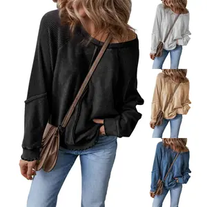 Women's Knit Waffled Loose Pullover Patchwork Long Sleeve Crew Neck Sweatshirt Streetwear