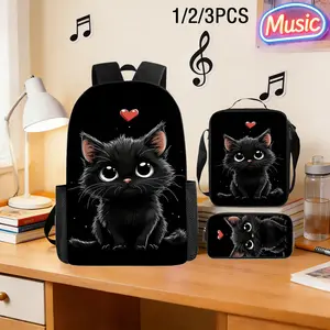 3pcs Cute Black Cat Backpack Set, Heartfelt Little Black Theme, Large Capacity Laptop Backpack, Perfect for Daily Commute, Ideal for School Or Outings, Student Bookbag, for Teenager, For Teenager