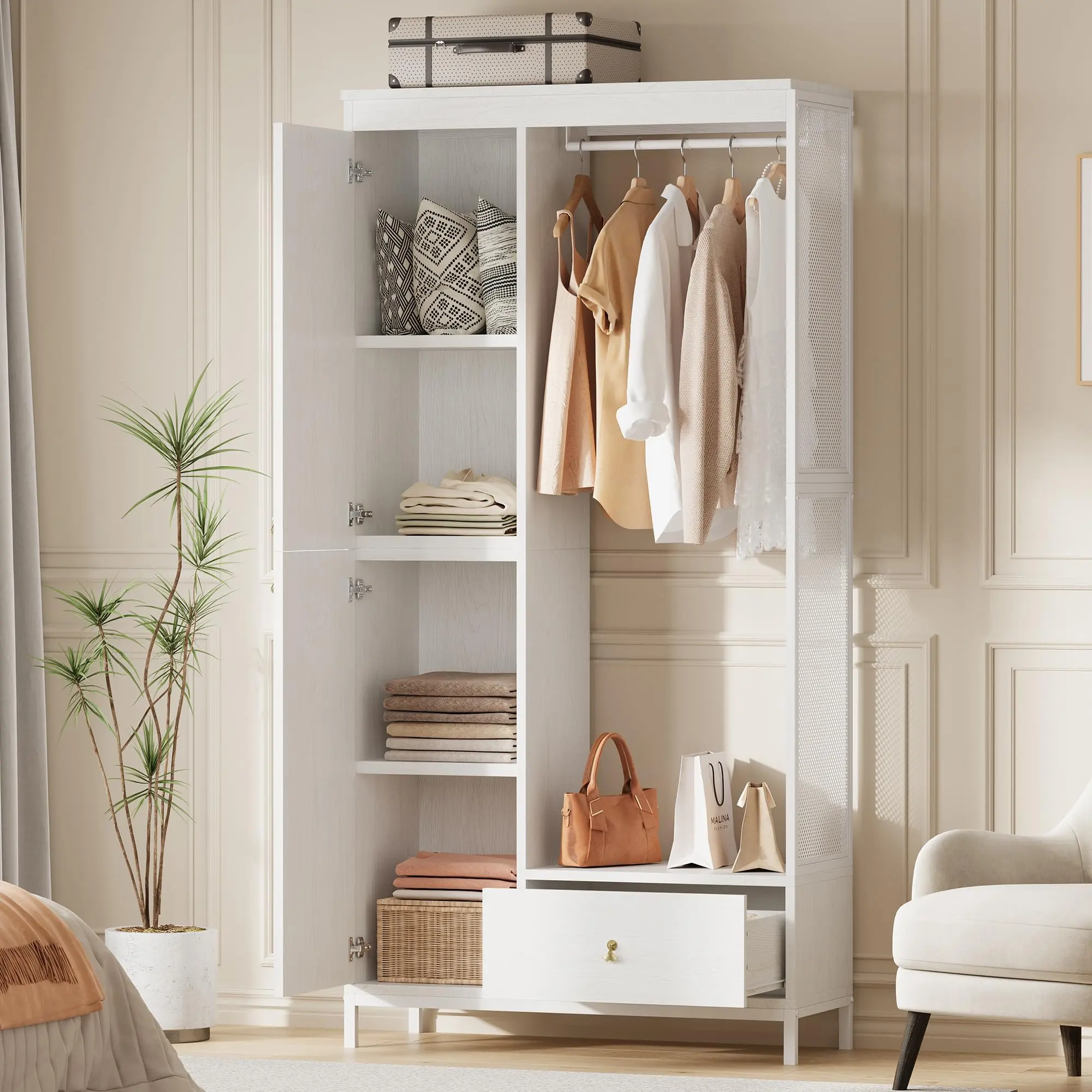 Garvee Contemporary Heavy-Duty Wooden Armoire with Drawers, Freestanding Wood-Metal Open Frame Clothes Storage Organizer, Double Doors, Open Hanging Rod, Small Space Bedroom Cupboard Furniture, White