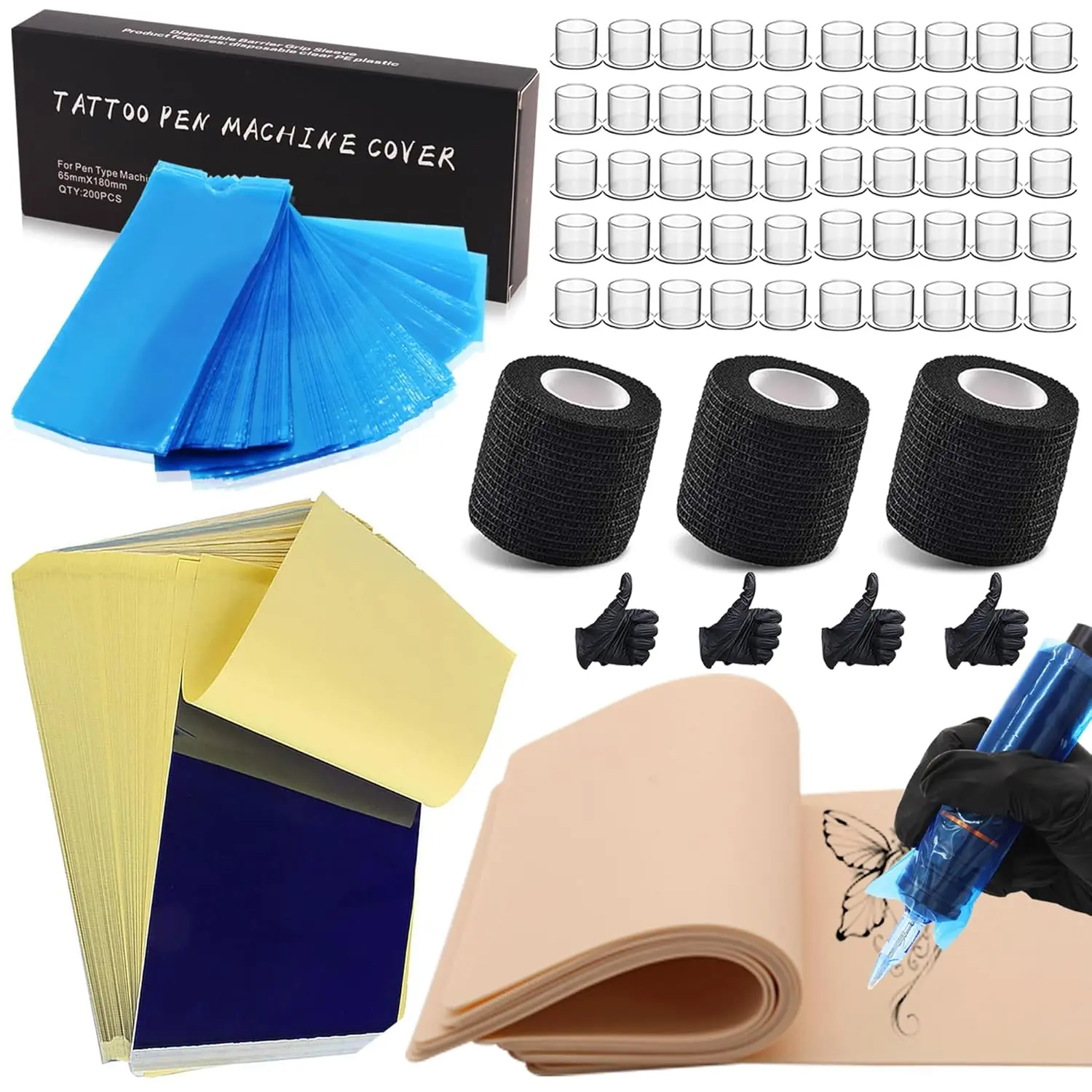 Tattoo Fake Skin Transfer Paper Kit Supplies - Complete 66pcs Include Tattoo Fake Skins with Transfer Paper Machine Pen Covers and Ink Cups Grip TapesTattooing Tool Kit for Studio & Beginners