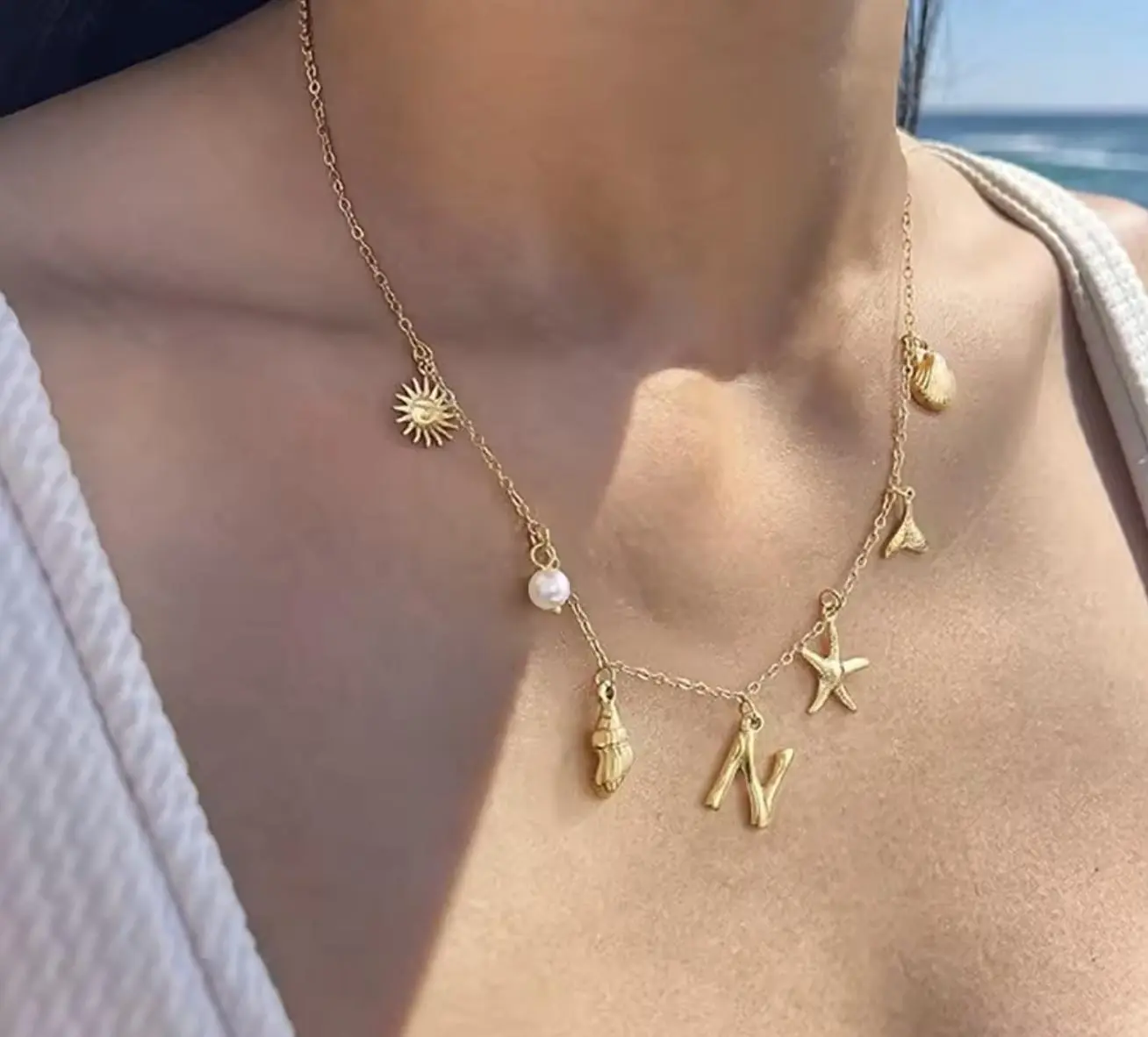 Women's Adjustable Initials Alphabet Pendant Necklace - Handmade, Personalized, Adjustable Charms Necklace with Stars, Shells - Evry Jewels Beach Costume Jewelry, Handmade Necklace