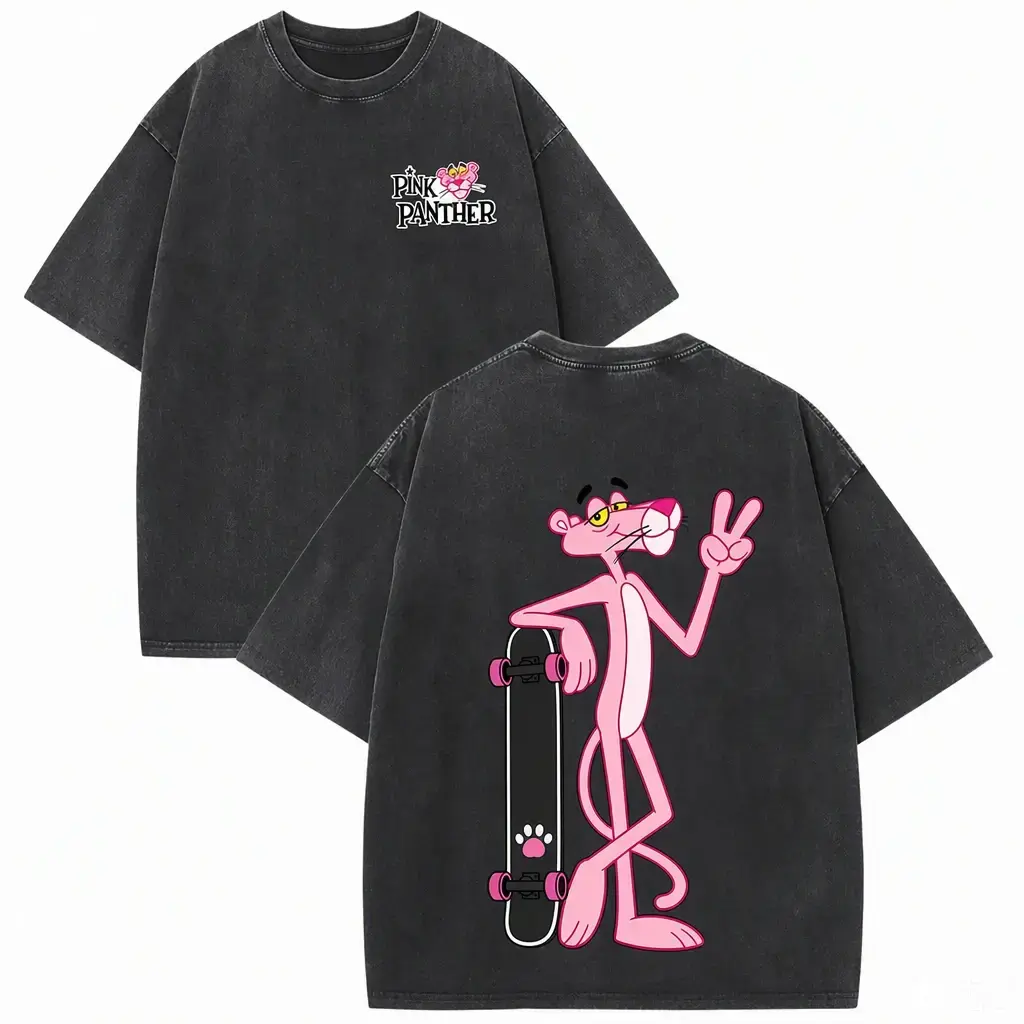 Pink Skater Cat Peace Sign Skateboard Double Sided Unisex Washed T-shirt Mens Vintage Acid Wash Graphic Tee, Oversized Skater Shirt, Funny Cartoon Streetwear, Drop Shoulder.Y2K retro, Harajuku style, Mens streetwear, Unisex top, Graphic tee