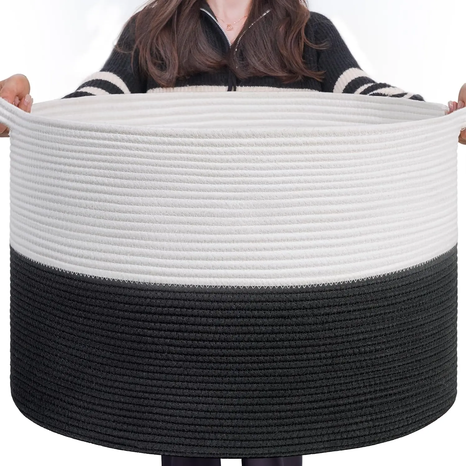 Large Cotton Rope Baskets for Storage, 21.7 x 13.8 Blanket Storage for Living Room  Baskets ,  Laundry Basket for Dirty Clothes, Pillows, 90L White & Black