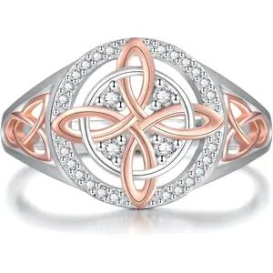 Handmade witch knot protection ring, inlaid with sparkling cubic zirconia, two-tone ring combining fashion and charming rose gold, original Celtic knot jewelry gift, suitable for women, a special gift for ladies