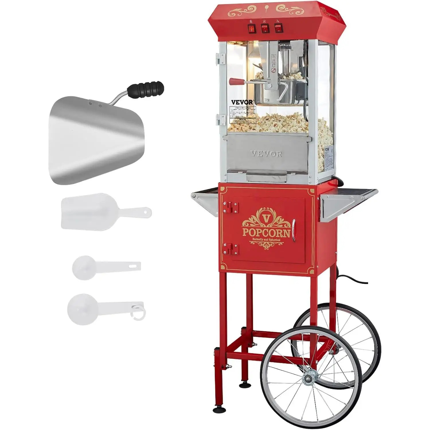 VEVOR Commercial Theater-Style Popcorn Machine Cart, 8oz Kettle, 850W 2-Rapid Heating Popper on Wheels, 3 Simple Control Switches, Steel Frame, Tempered Glass Doors, 384oz Yield, 1 Scoop, 2 Spoons for Any Occasion