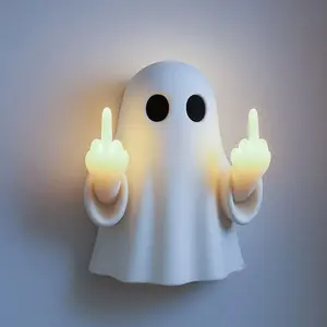 Cute Ghost Statue with LED Light Middle Finger, Led Mood Light, Scary Spooky Halloween Decoration, Desktop & Indoor Outdoor Decor, Perfect for Halloween Party