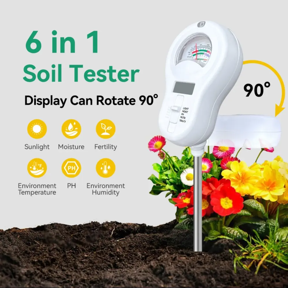 The 6-in-1 soil detector, Soil tester, Tool, measures light intensity, soil moisture, soil pH, soil fertility, ambient humidity, ambient temperature. Battery powered, batteries not included