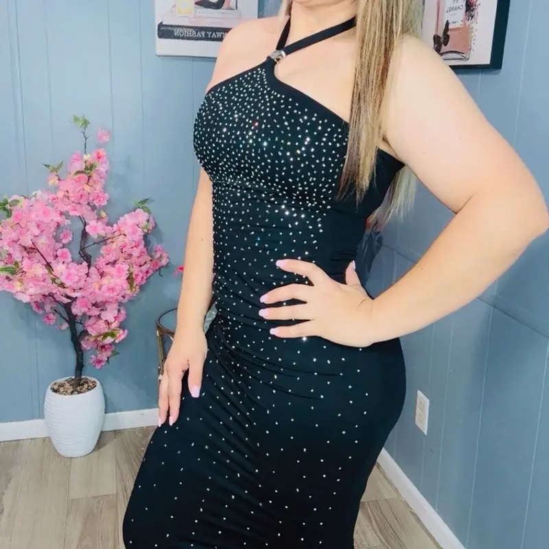 Black Halter Neck Dress with Rhinestones for Women