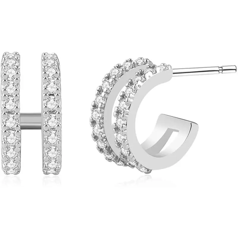 Faux Diamonds Double Huggie Hoops-White Gold