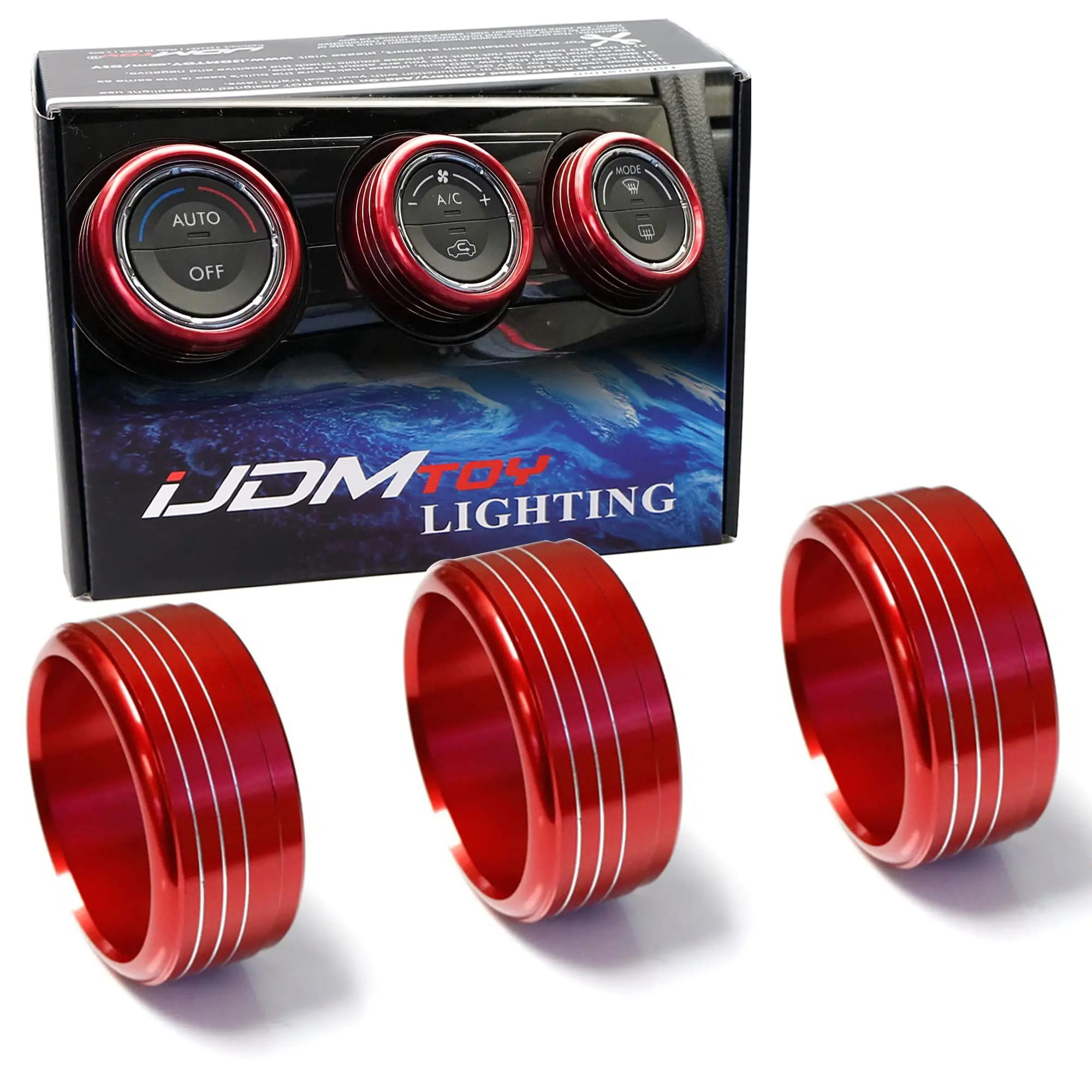 iJDMTOY For Subaru WRX, STI, Impreza, Forester, XV Crosstrek, 3pc Red Anodized Aluminum AC Climate Control Turner Cover Rings