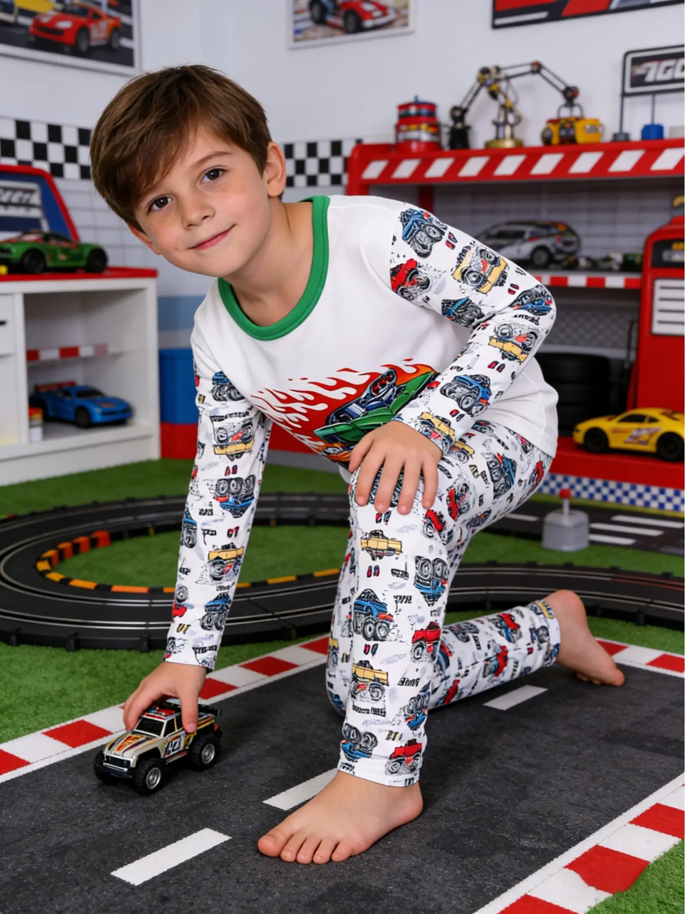 Boys' 2-Piece Flame Monster Car Print Sleepwear Set, Casual Fitted Long Sleeve Pajamas, Cartoon Pattern Pajamas, Spring & Fall Home Wear, Round Neck Pants, Casual Comfy Pajama