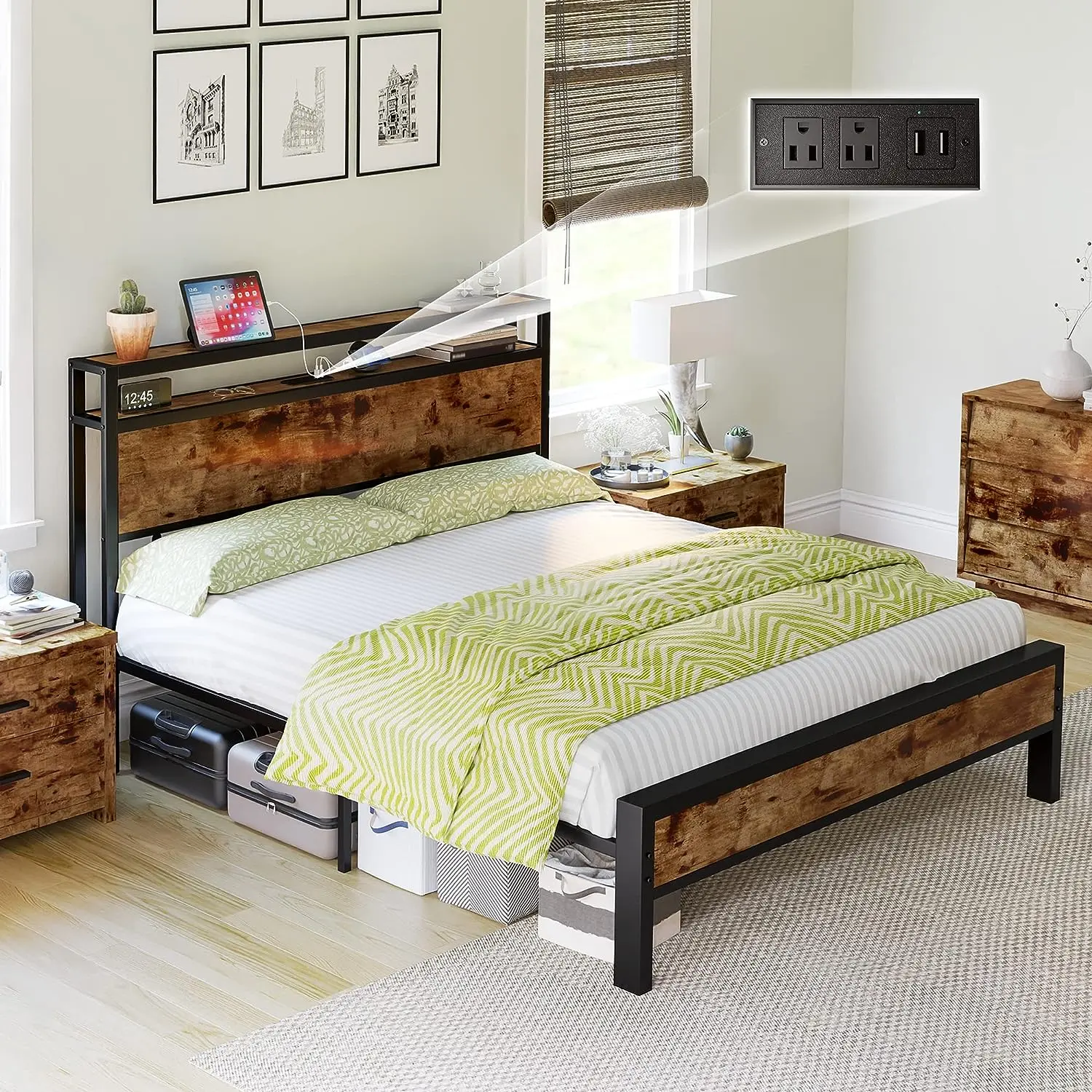 [Summerwins] AMERLIFE Industrial Full/Queen/King Size Bed Frame, Rustic Metal Bed Frame with 2-Tier Storage Headboard and Charging Station, No Box Spring Needed/No Mattress/Small Unique Home Furniture Room/Best Gift Ideas/Christmas Gifts