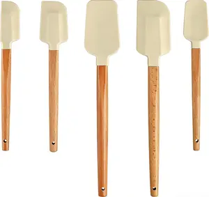 5 Piece Wooden Handle Silicone Rubber Spatula Set for Kitchen Baking Jars Cooking and Mixing High Heat Resistant Non Stick Dishwasher Safe BPA Free Off White