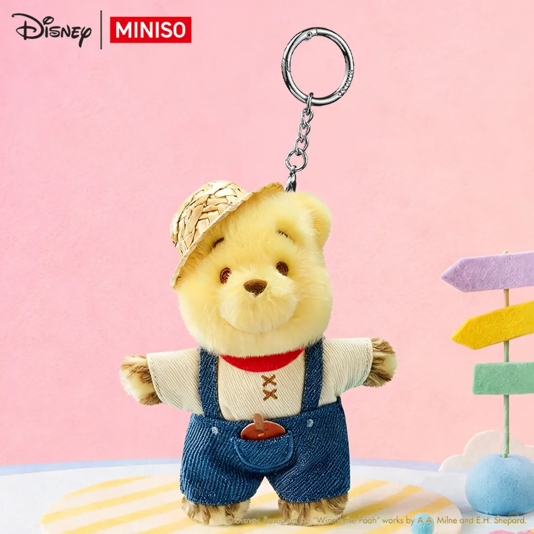 Disney Miniso Winnie the Pooh Keychain - Adorable Plush Keychain with Hat and Overalls - Perfect for Fans and Collectors
