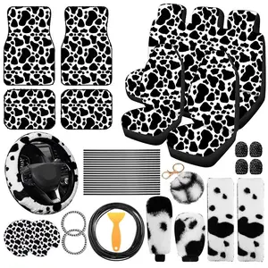 Cow Print Car Interior Set, Including Car Seat Cover & Floor Mats & Steering Wheel Cover & Handbrake Cover & Gear Cover & Coasters & Keychain & Starter Ring & Trim Strip, Universal Car Accessories for Women, Girly Car Interior Sets