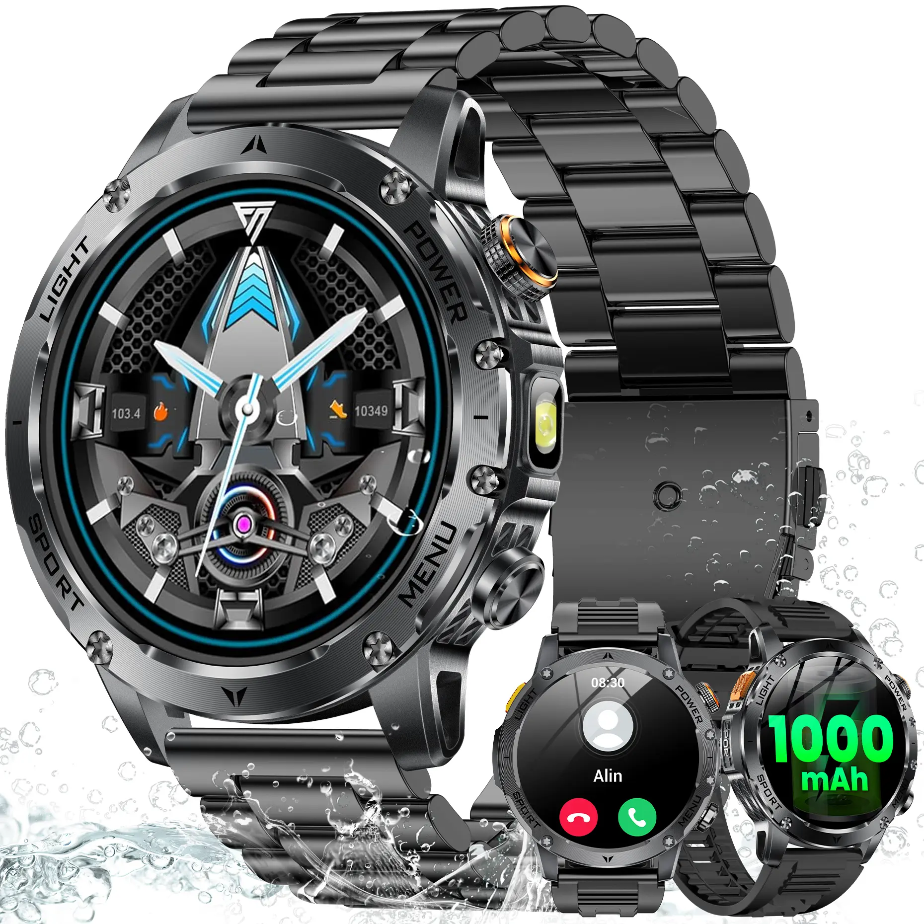 1.7-inch men's smartwatch (receive/call call), 100+ sports modes/1000mAh/pedometer, IP68 waterproof fitness watch, suitable for IOS and Android, Waterproof Fitness Smartwatches, Wireless Smart Watch